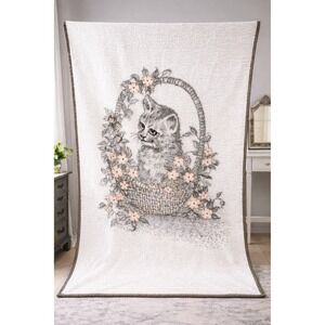 Vintage Biederlack USA Made Kitten Basket Floral Throw Blanket Cozy Plush